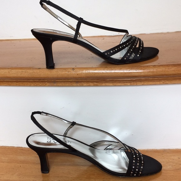 Nina black satin heeled sandals w/Crystal straps - Picture 6 of 8